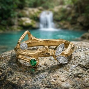 Χειροποίητο δαχτυλίδι κλαδί με σμαράγδι και διαμάντια product image